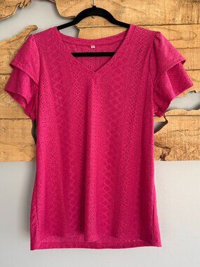 Women’s V-Neck Ruffled Sleeve Top, Pink, Medium